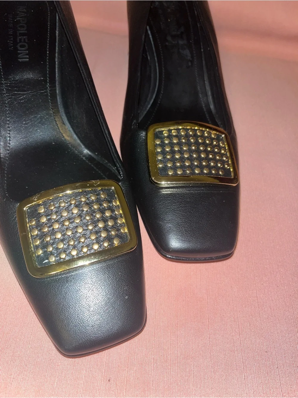 Napoleoni Black Women's leather Square-Toe Flats with Gold Studded Buckle Accent